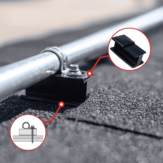 Metal pipe with a black fitting on a textured surface, with close-up insets showing details.