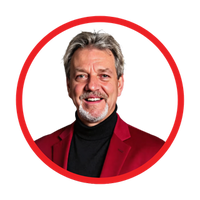 Man in a red jacket with a red circle around his head on a white background