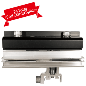 An RT-APEX End Clamp Splice, with a visible metallic clamp and black insulating material, is displayed with a label indicating '24 Total End Clamp Splice'.
