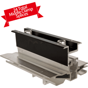 A middle clamp splice for PV frames, predominantly silver in color with black ends, displayed against a white background with a red '24 TOTAL CLAMP SPLICES' banner.